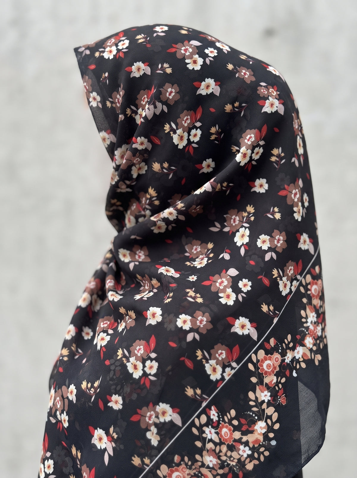 Black/multi-color floral Triangle Pearl Chiffon Hijab