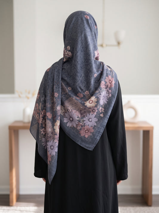 Slate Grey Floral Triangle Pearl Chiffon Hijab