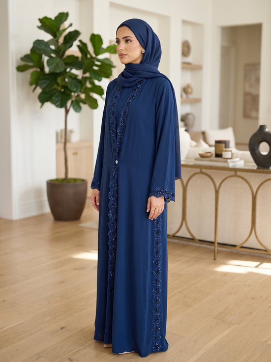 Royal Blue Embellished Lace Open Abaya - With Hijab