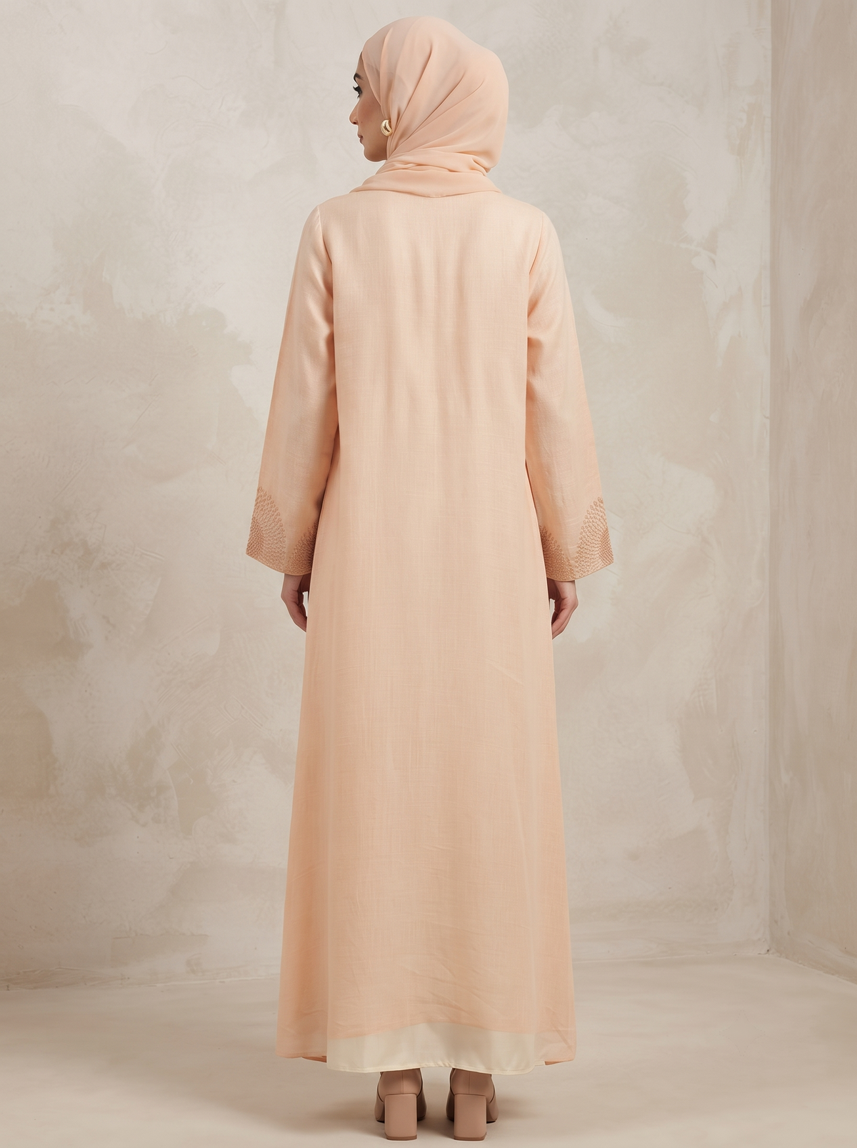 Peach Linen Front Open Abaya | With Hijab