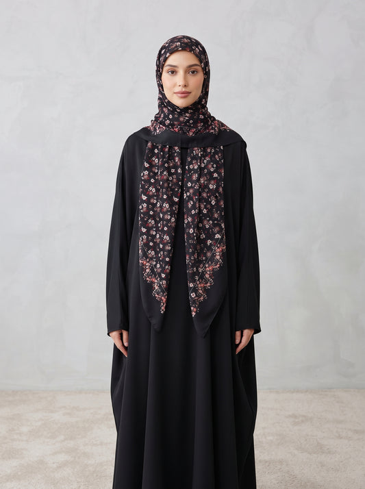 Black/multi-color floral Triangle Pearl Chiffon Hijab