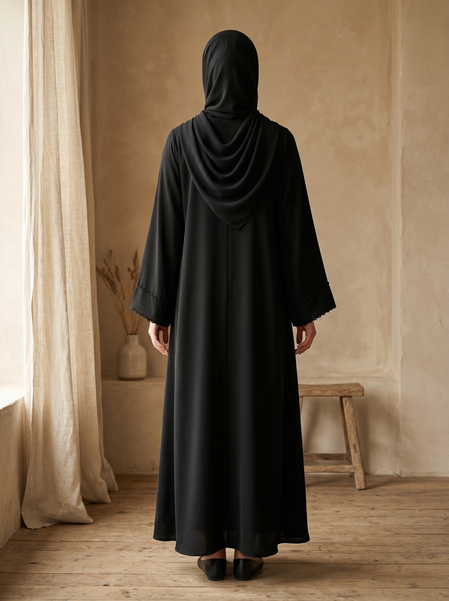 Classic Black Open Abaya with Hijab