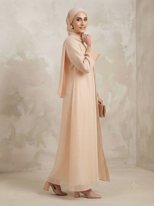 Peach Linen Front Open Abaya | With Hijab
