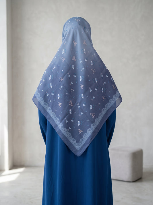 Dual Dusty Blue Tone Floral Silk-Blend Triangle Hijab
