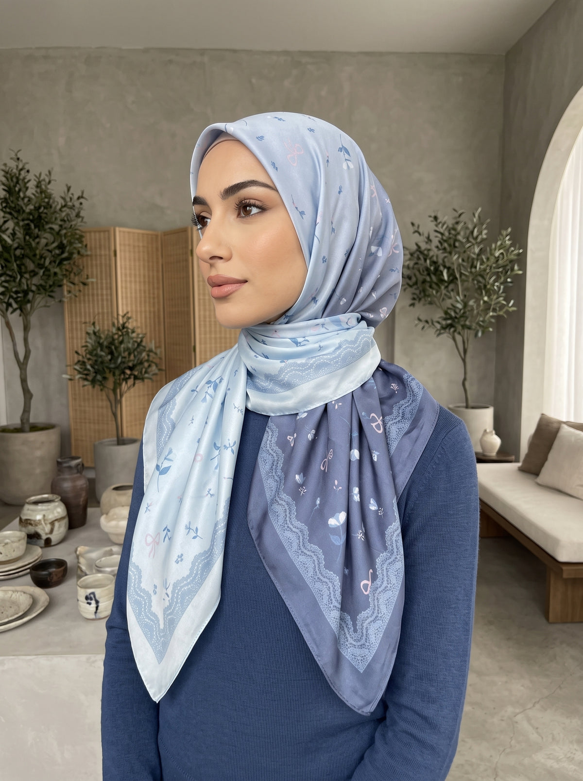 Dual Dusty Blue Tone Floral Silk-Blend Triangle Hijab
