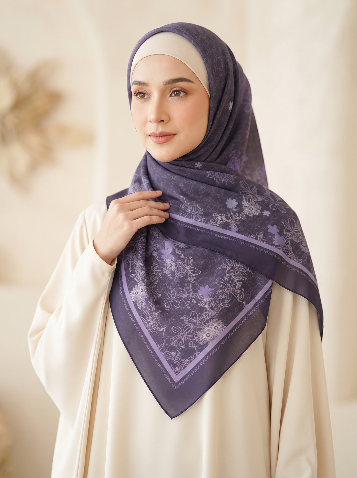 Deep purple Floral Triangle Pearl Chiffon Hijab