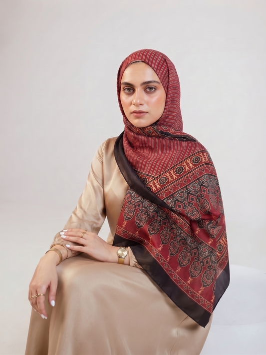 Red & Bold Black Premium Silk Hijab