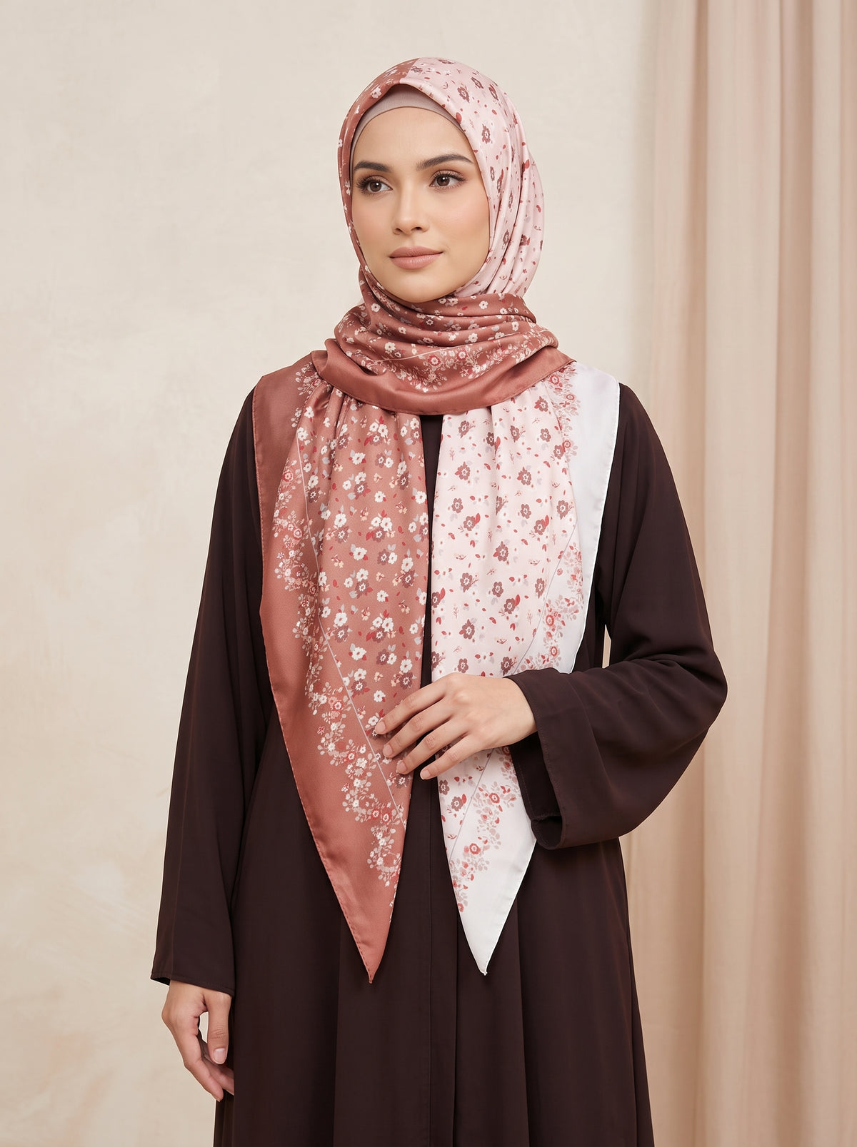 Dual Dusty Rose Tone Floral Silk-Blend Triangle Hijab