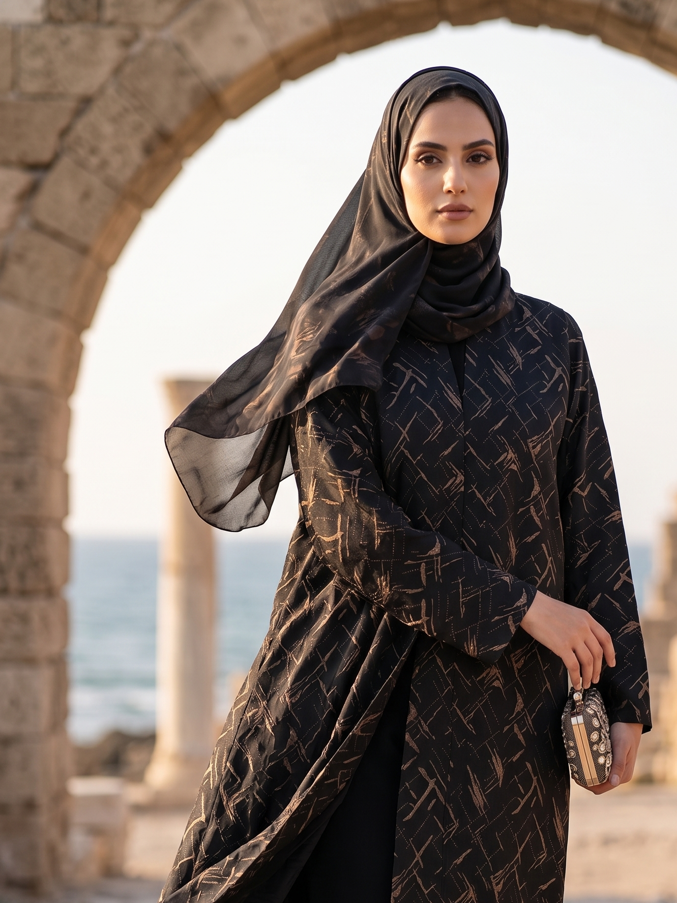 Black & Bronze copper pattern Abaya with shiffon hijaab