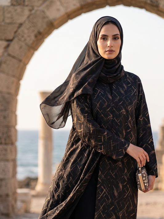 Black & Bronze copper pattern Abaya with shiffon hijaab
