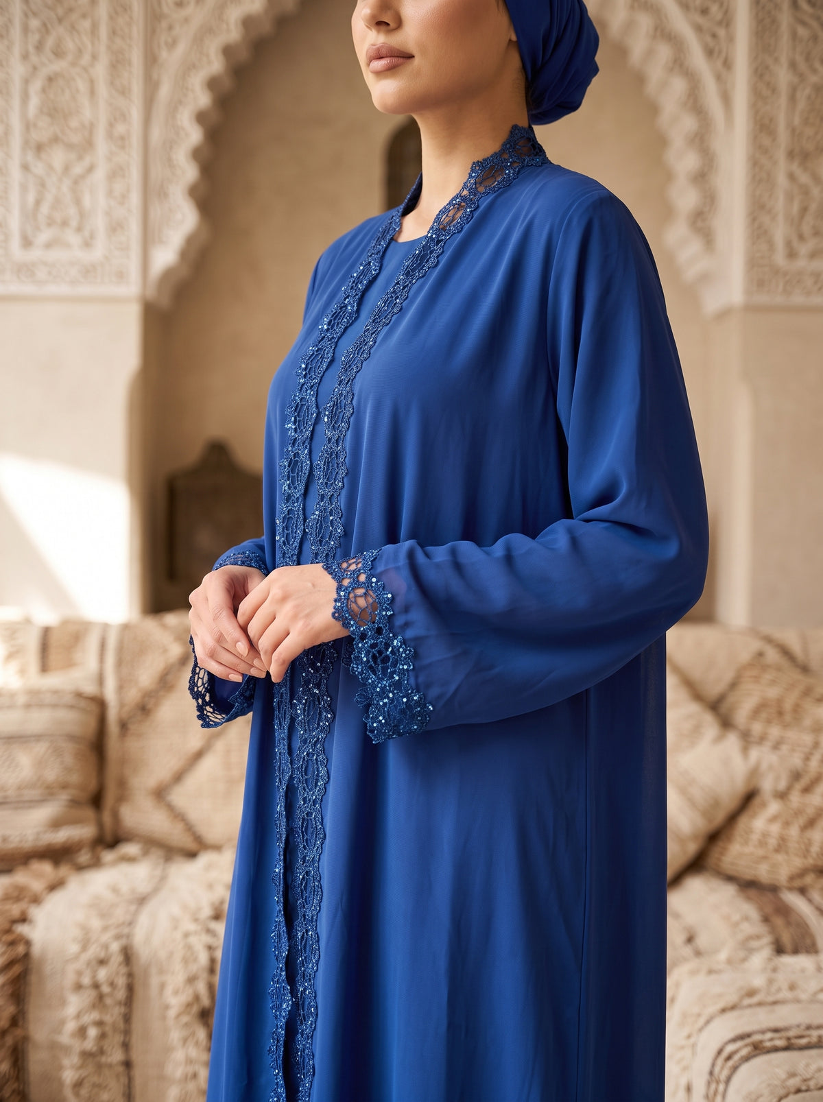 Royal Blue Embellished Lace Open Abaya - With Hijab