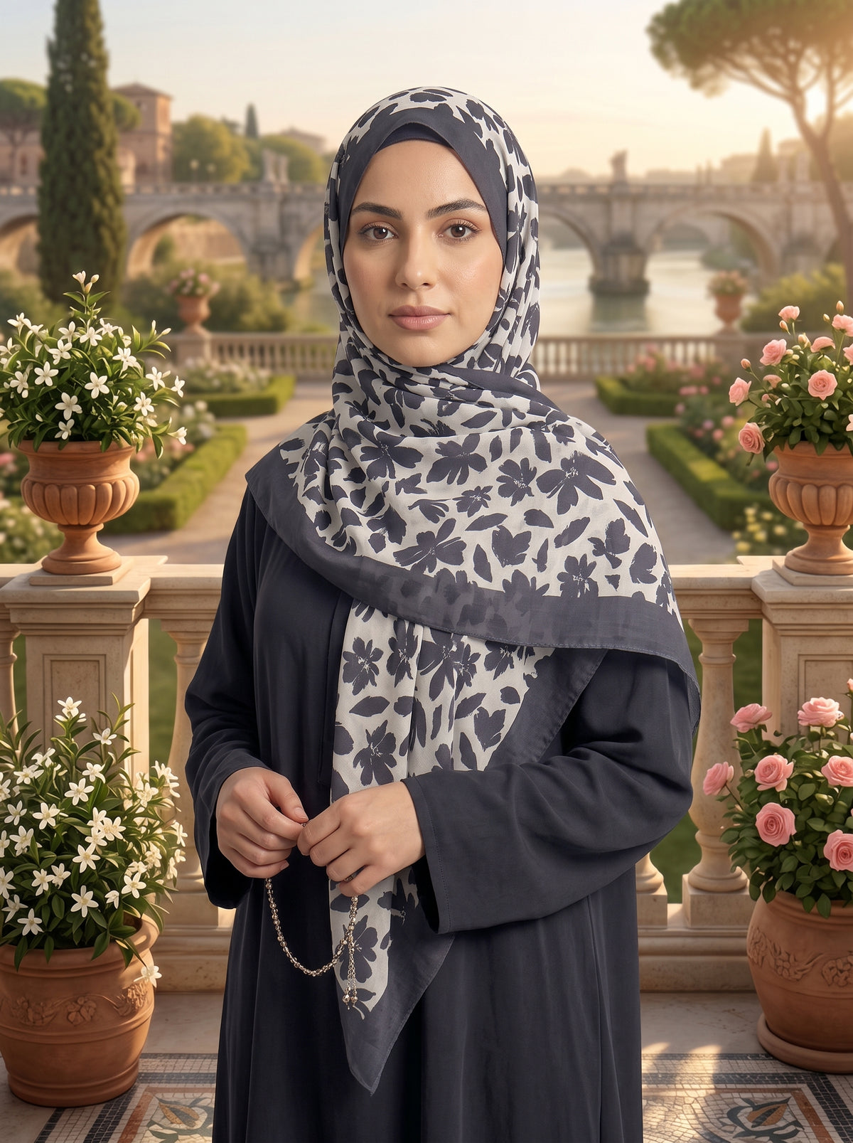 Off-White/Black Floral Triangle Pearl Chiffon Hijab