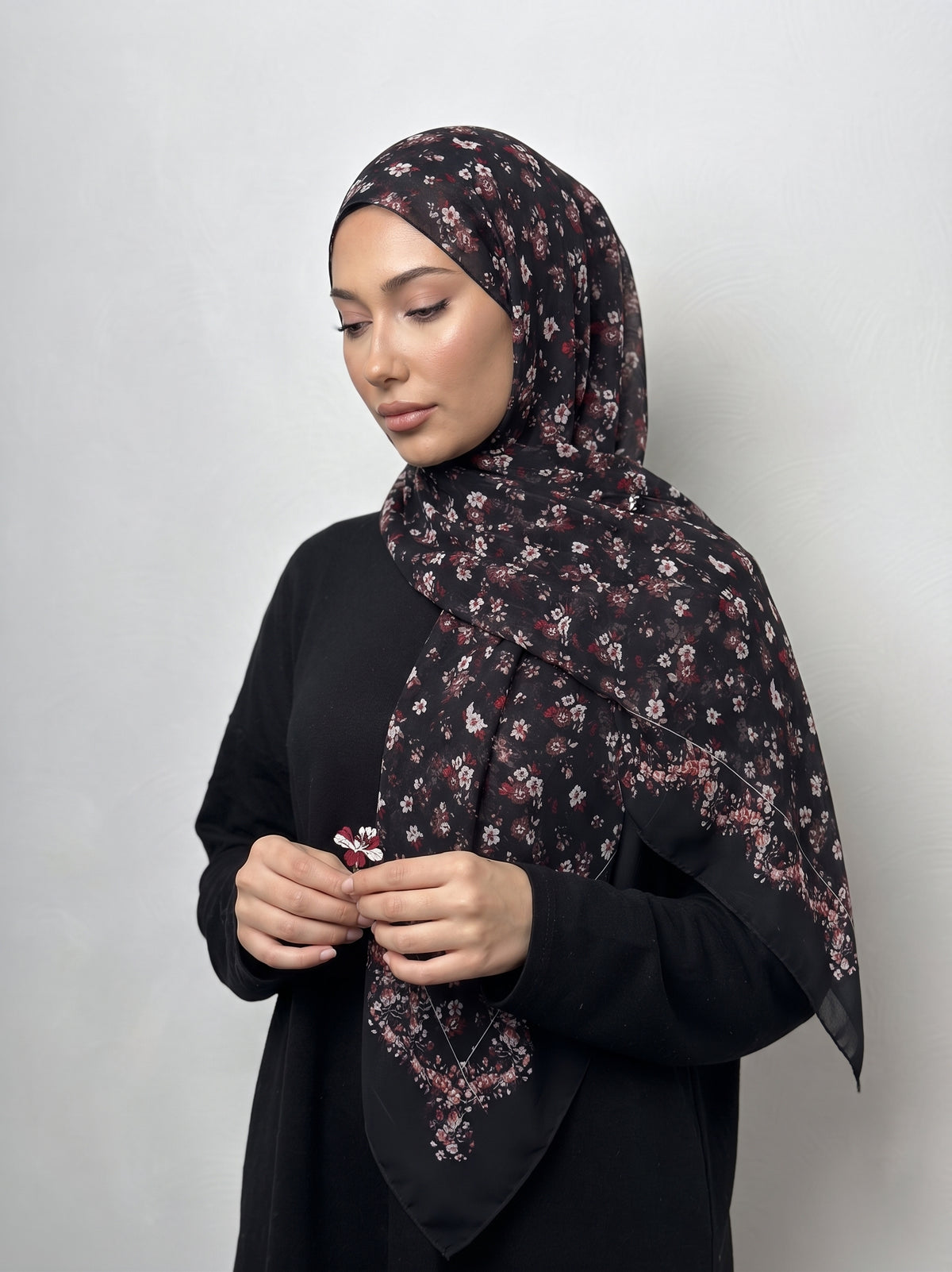 Black/multi-color floral Triangle Pearl Chiffon Hijab