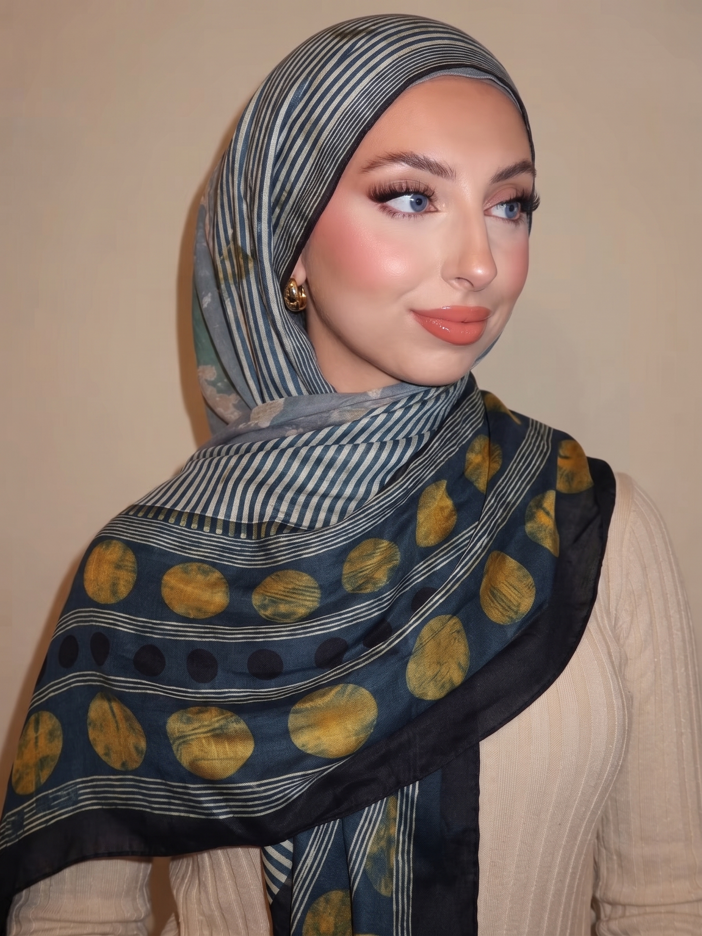 Premium Rich Navy & Polka Dot Silk Hijab