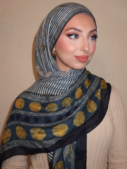 Premium Rich Navy & Polka Dot Silk Hijab