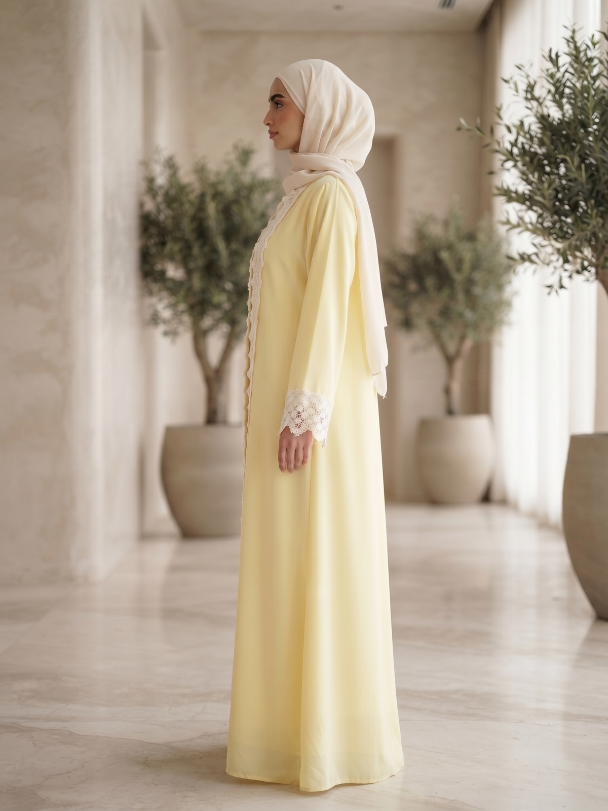 Lattice Lace Trim Front Open Abaya | With Hijab