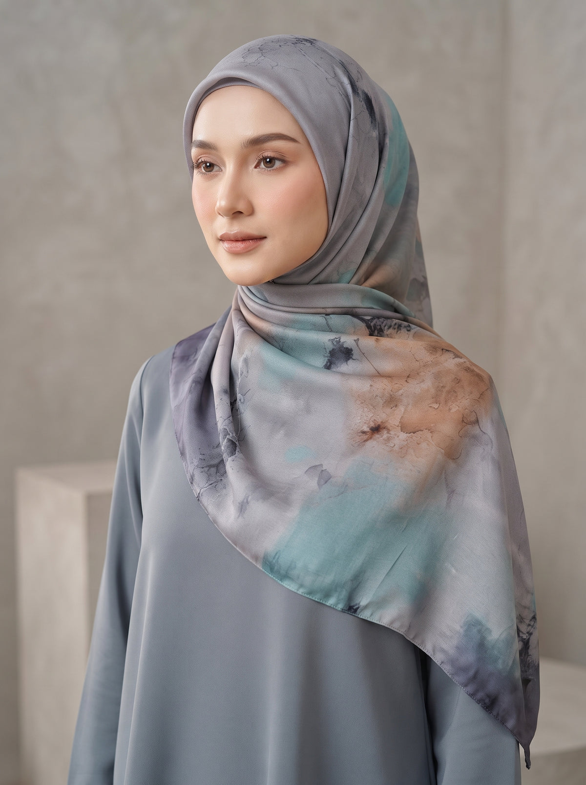 Ethereal Abstract Modal Hijab – Teal, Grey & Rust Watercolor Print