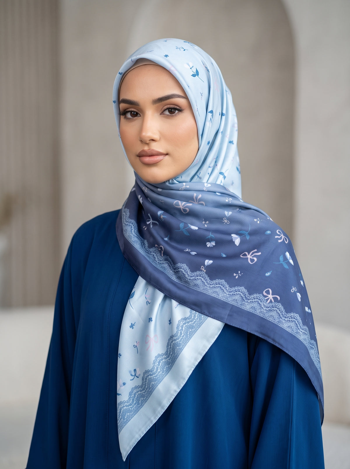 Dual Dusty Blue Tone Floral Silk-Blend Triangle Hijab