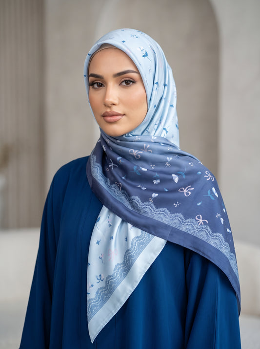 Dual Dusty Blue Tone Floral Silk-Blend Triangle Hijab