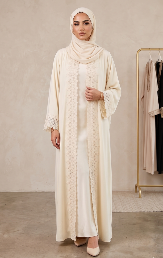 The Ivory Lattice Lace Trim Open Abaya