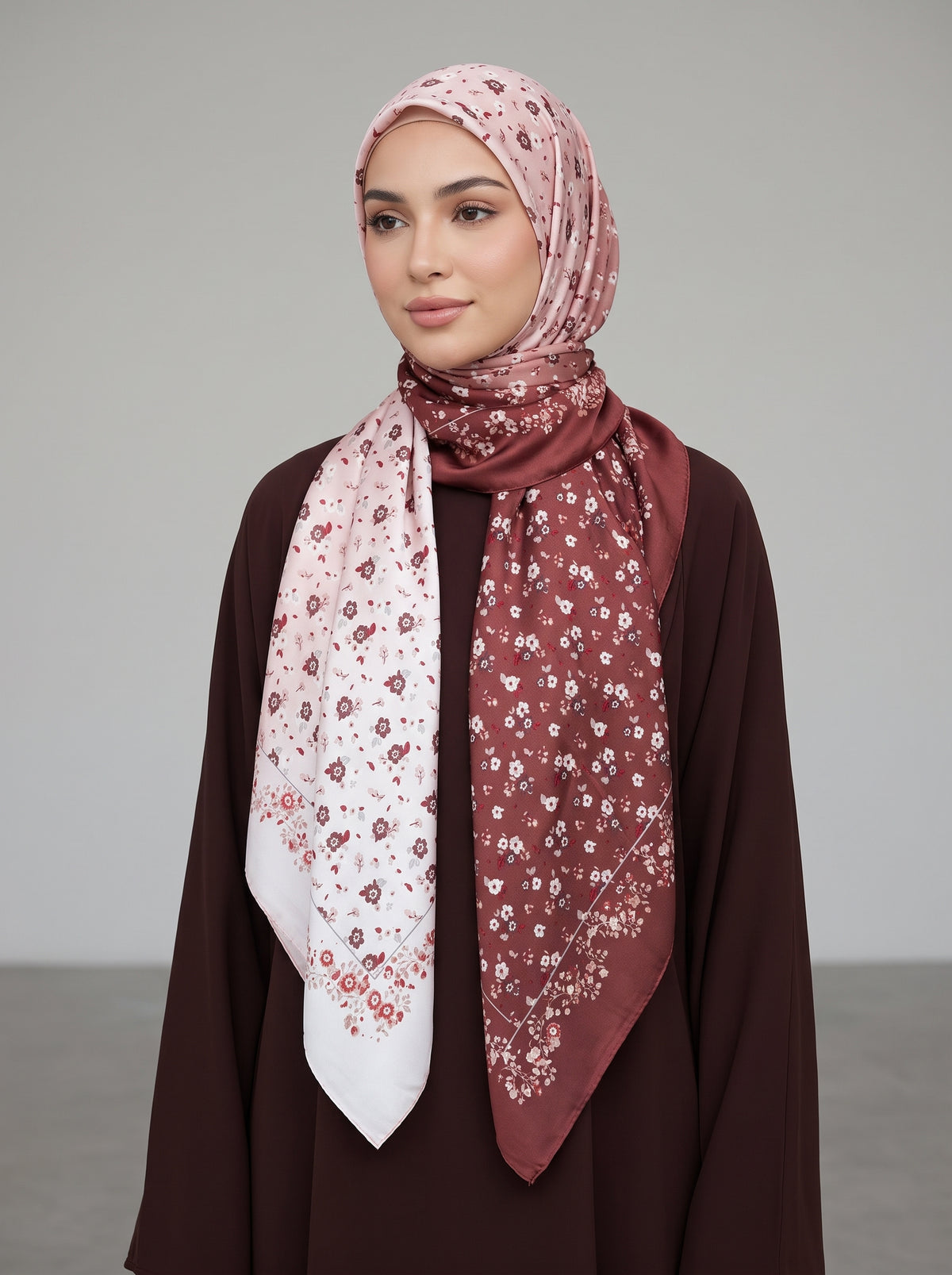 Dual Dusty Rose Tone Floral Silk-Blend Triangle Hijab