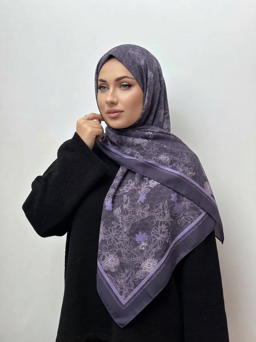Deep purple Floral Triangle Pearl Chiffon Hijab
