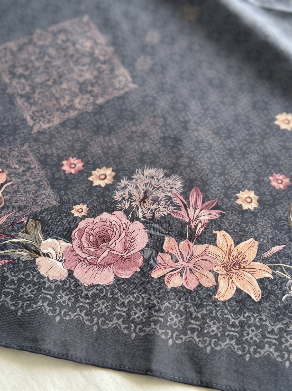 Slate Grey Floral Triangle Pearl Chiffon Hijab