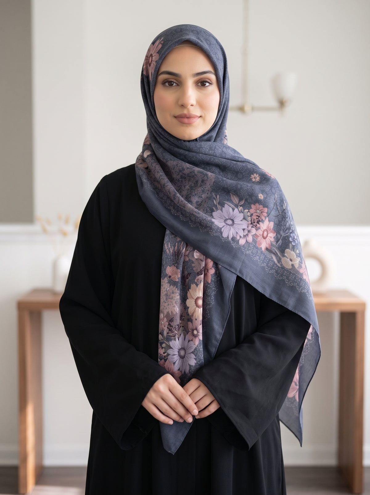 Slate Grey Floral Triangle Pearl Chiffon Hijab