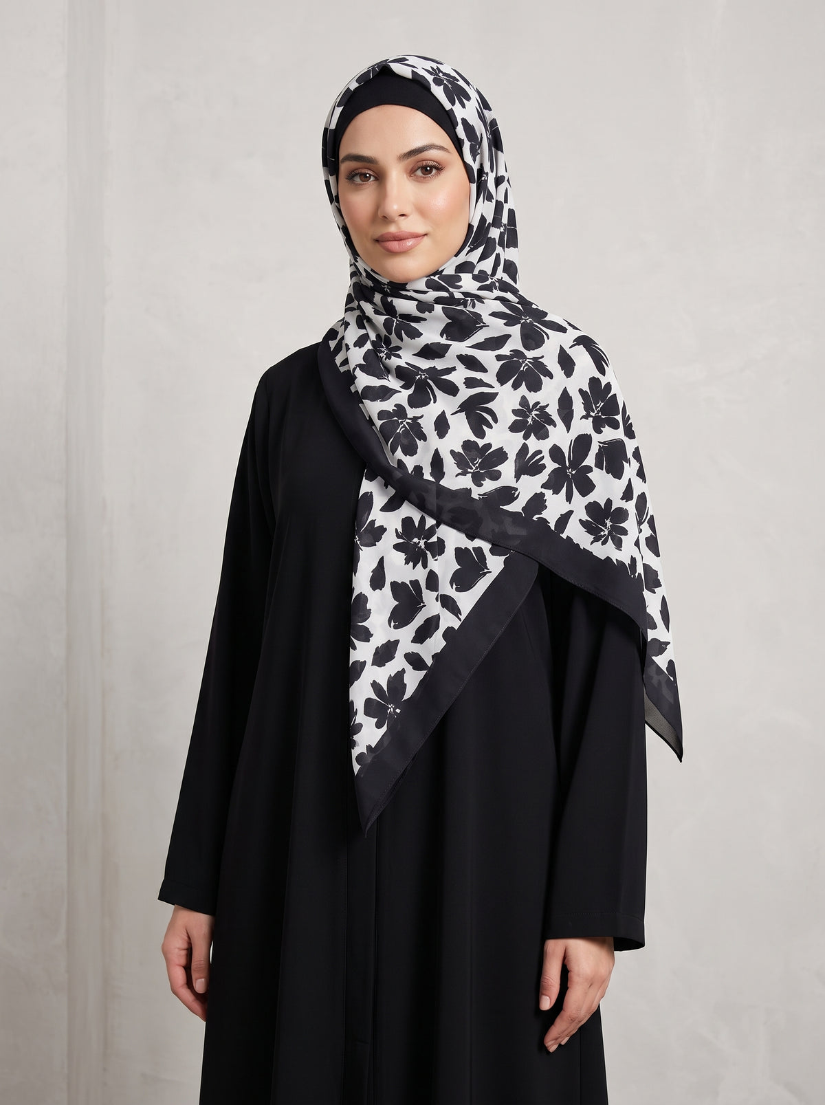 Off-White/Black Floral Triangle Pearl Chiffon Hijab