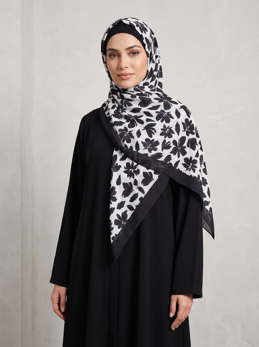 Off-White/Black Floral Triangle Pearl Chiffon Hijab