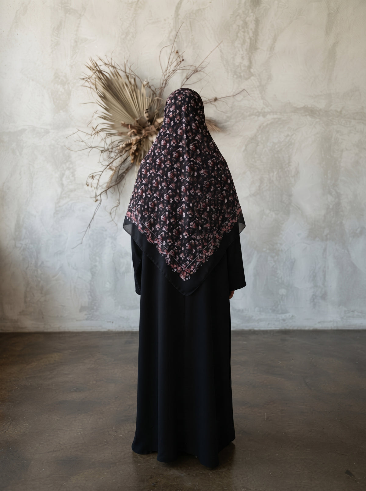 Black/multi-color floral Triangle Pearl Chiffon Hijab