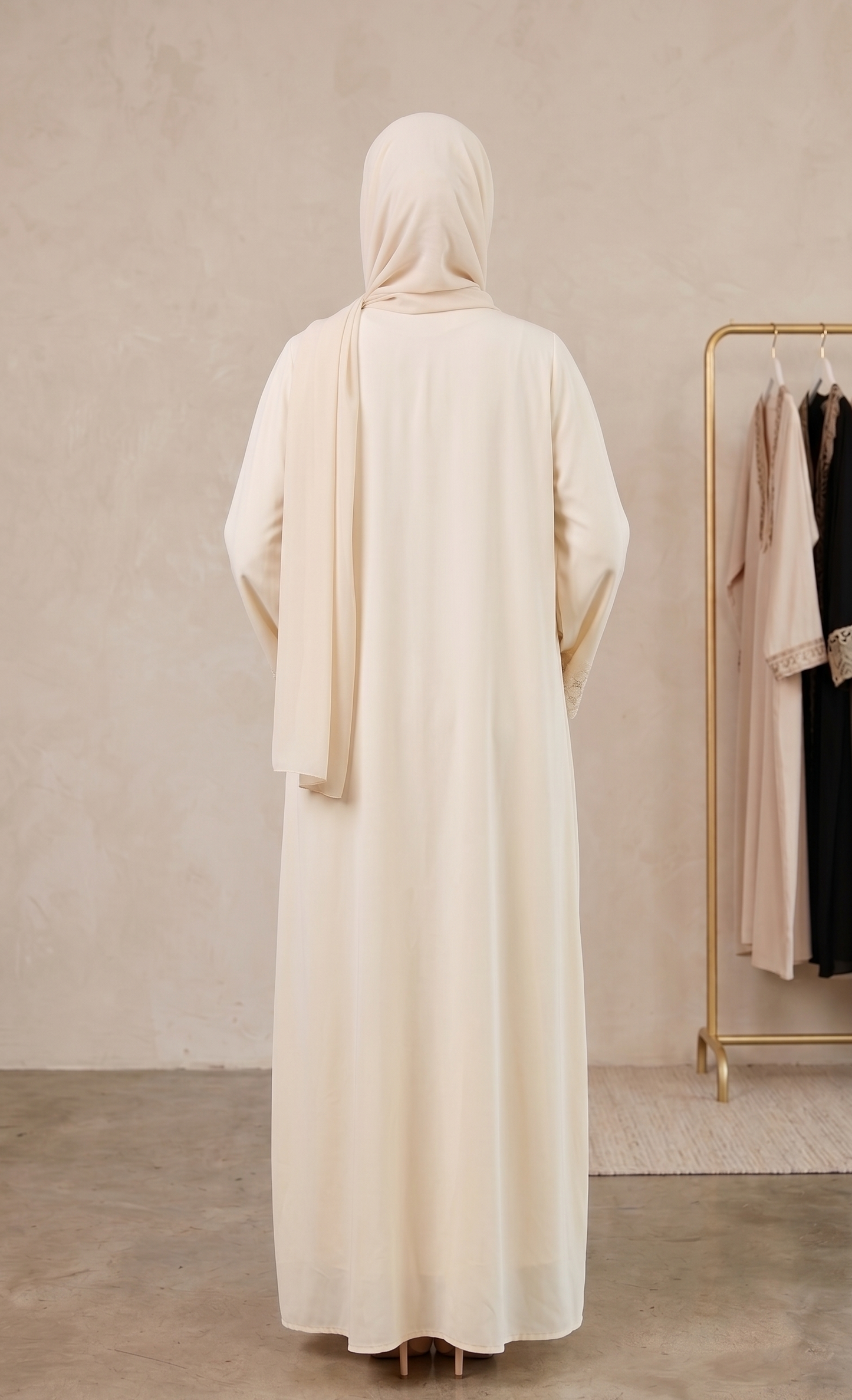The Ivory Lattice Lace Trim Open Abaya