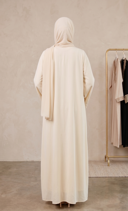 The Ivory Lattice Lace Trim Open Abaya