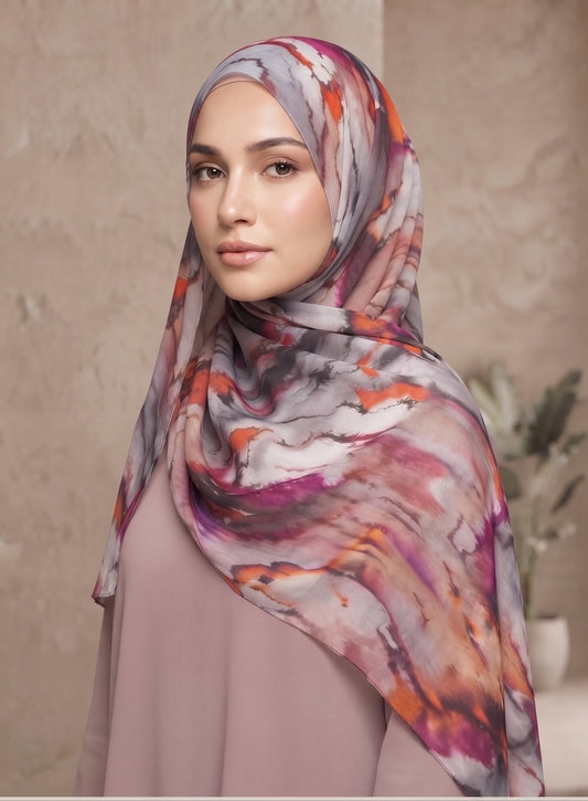 A woman wearing a lightweight hijab with a marbled abstract print in gray, purple, orange, and white, paired with a dusty pink top. She is photographed against a soft beige textured wall background.