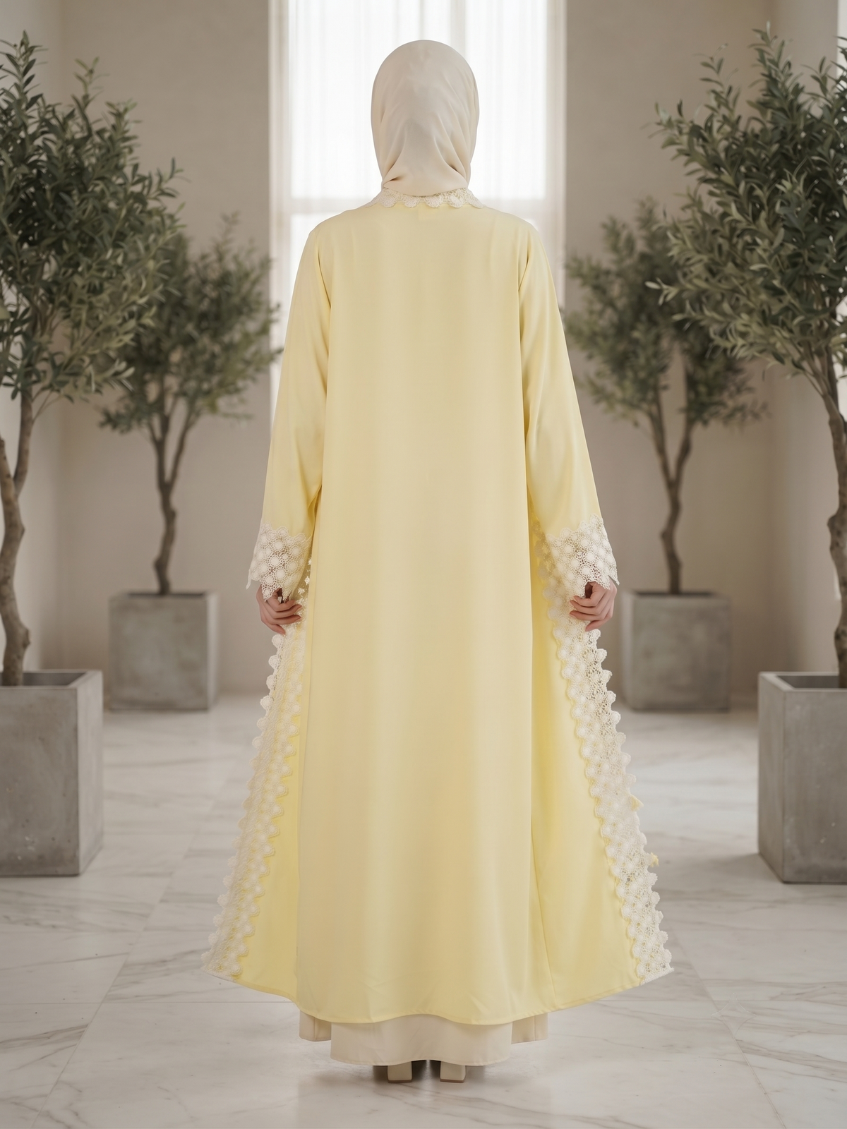 Lattice Lace Trim Front Open Abaya | With Hijab