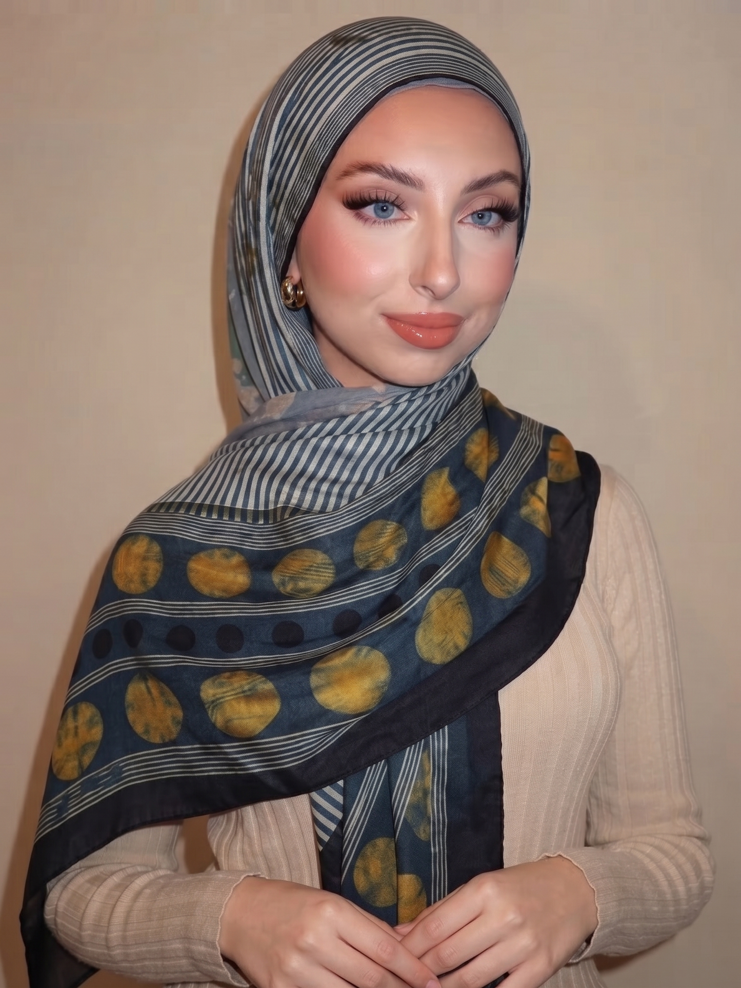 Premium Rich Navy & Polka Dot Silk Hijab