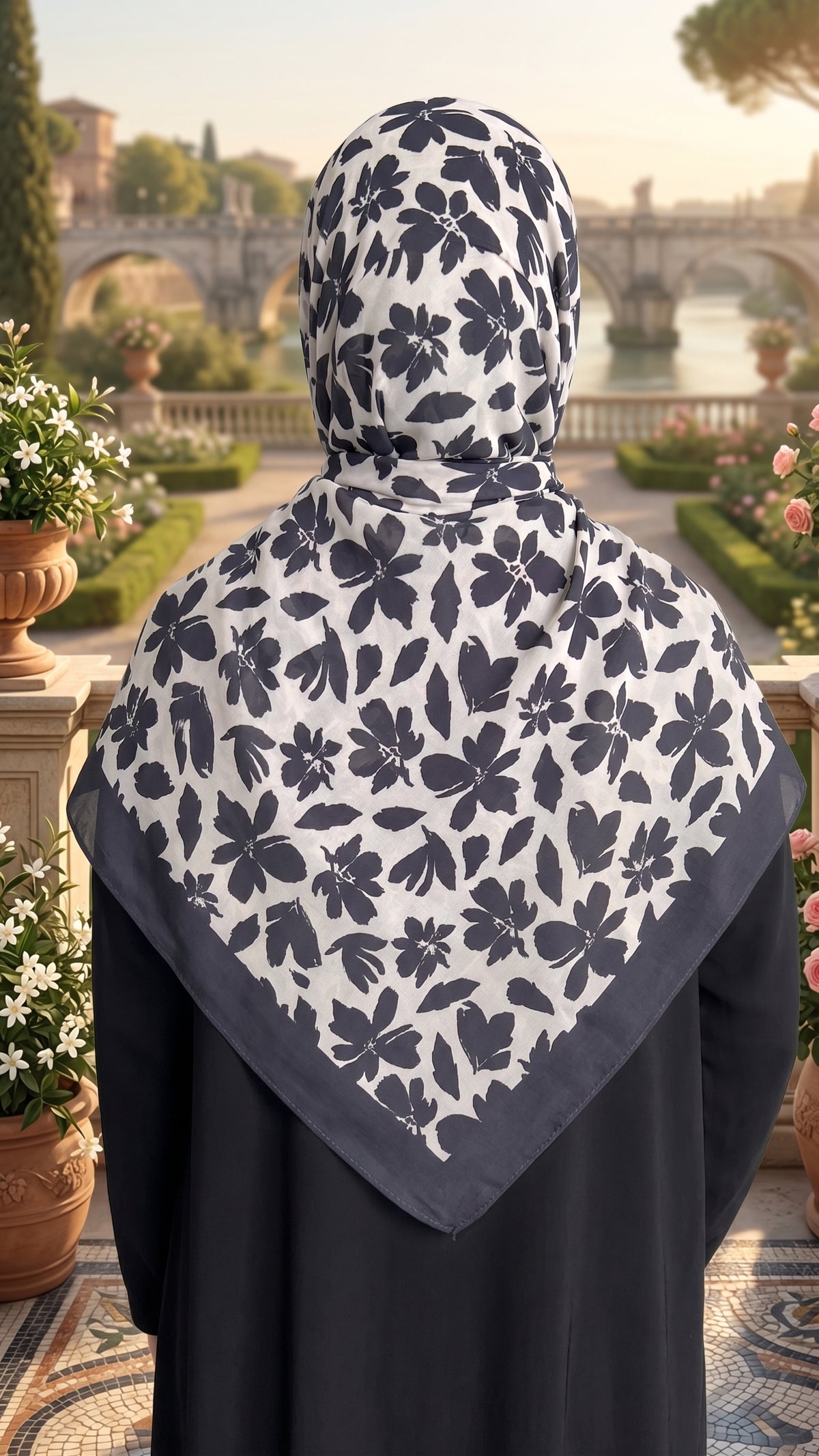 Off-White/Black Floral Triangle Pearl Chiffon Hijab