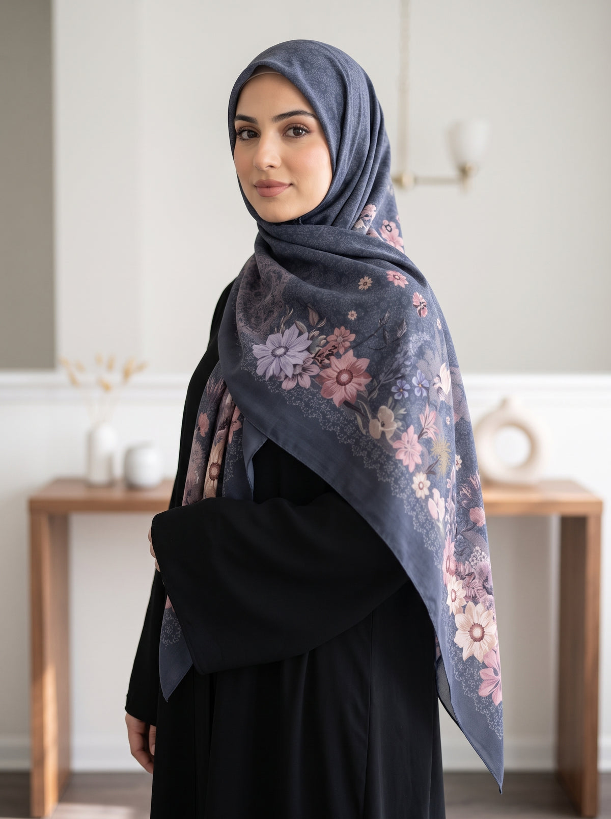 Slate Grey Floral Triangle Pearl Chiffon Hijab