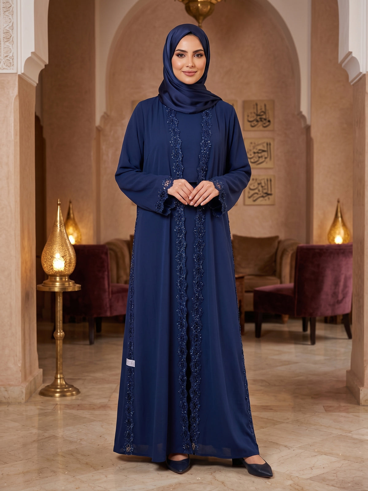 Royal Blue Embellished Lace Open Abaya - With Hijab