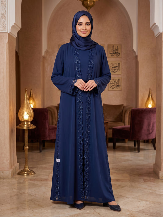 Royal Blue Embellished Lace Open Abaya - With Hijab