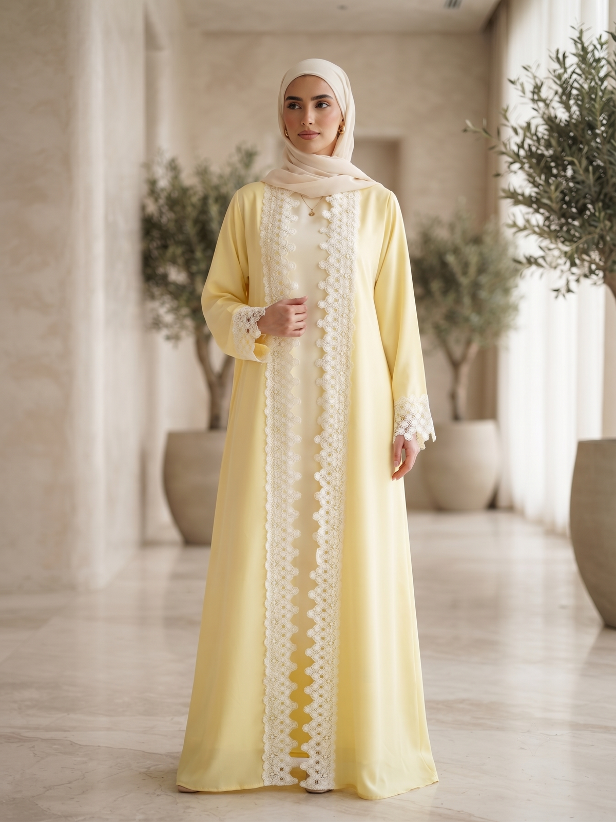 Lattice Lace Trim Front Open Abaya | With Hijab