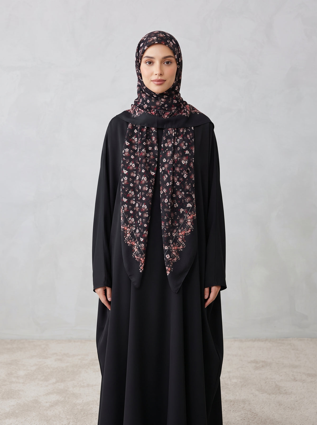 Black/multi-color floral Triangle Pearl Chiffon Hijab