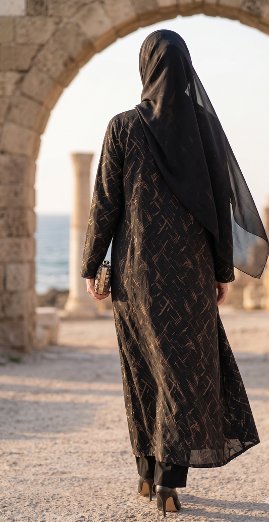 Black & Bronze copper pattern Abaya with shiffon hijaab