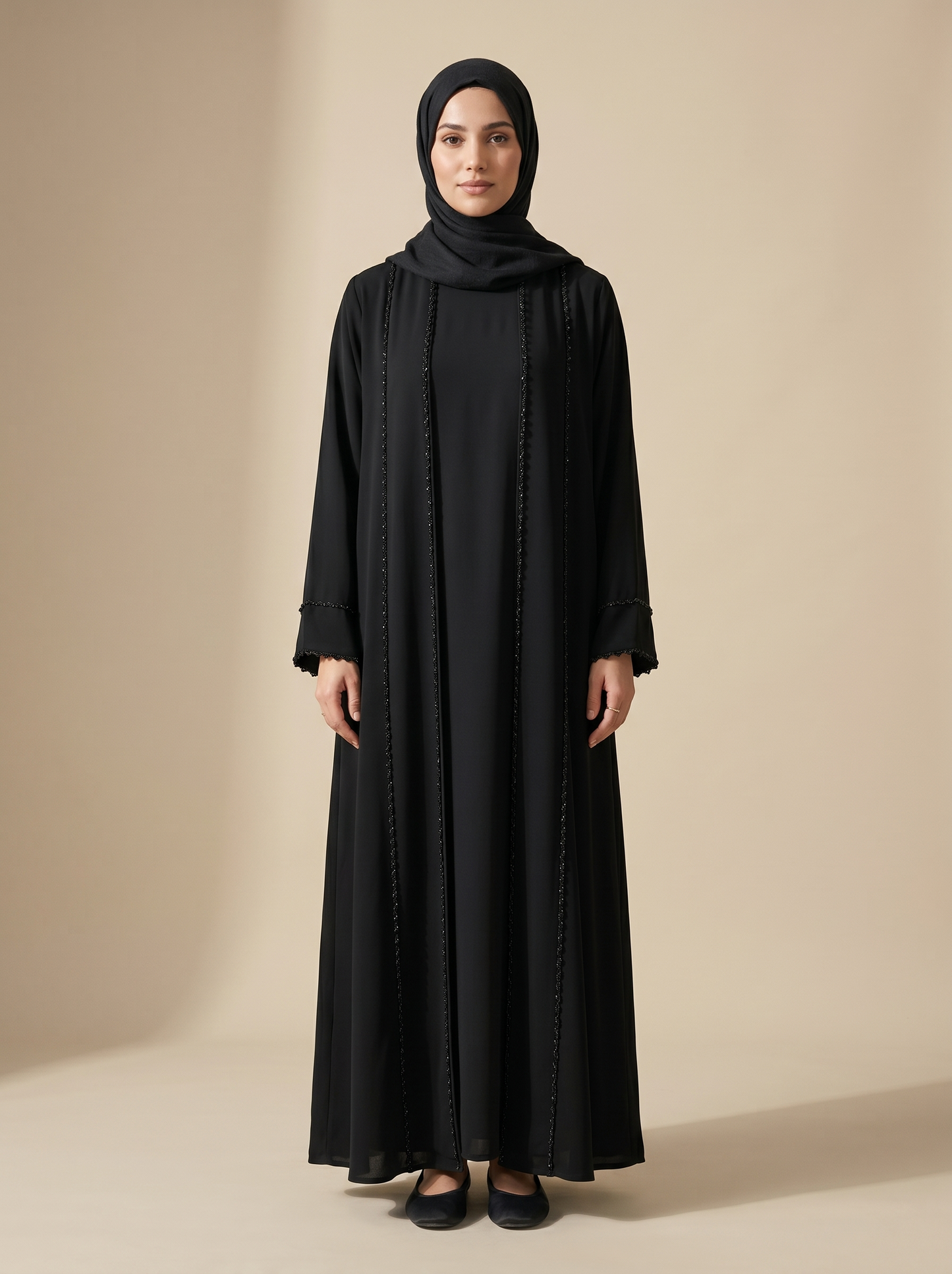 Classic Black Open Abaya with Hijab