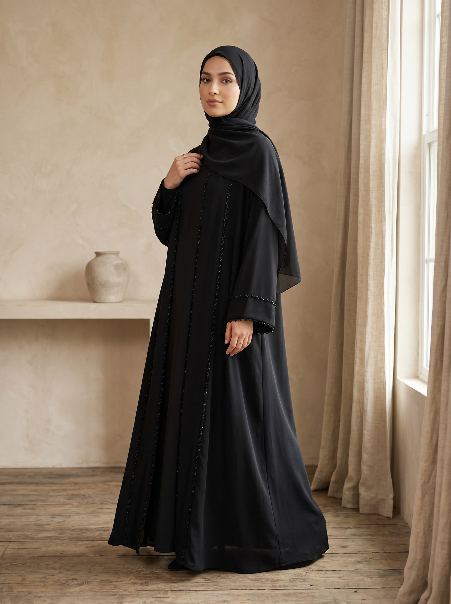 Classic Black Open Abaya with Hijab