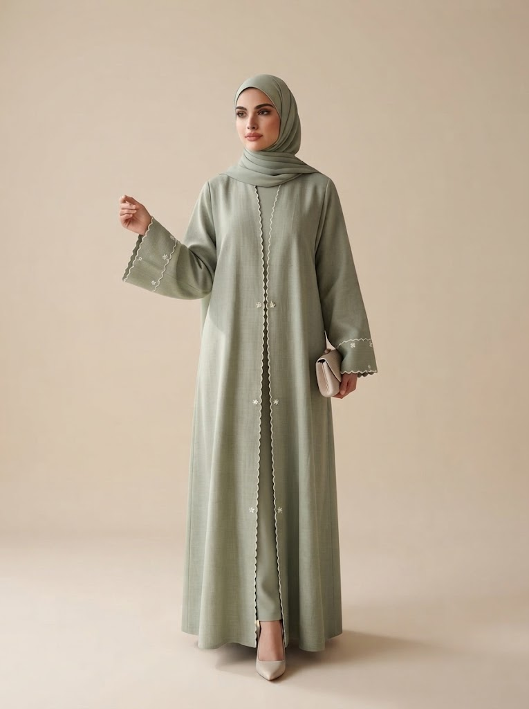 Embroidered Linen Front Open Abaya | With Hijab
