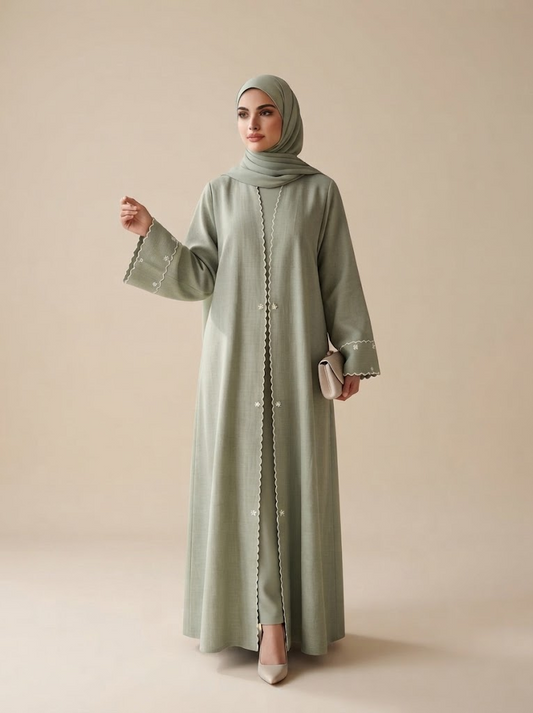 Embroidered Linen Front Open Abaya | With Hijab