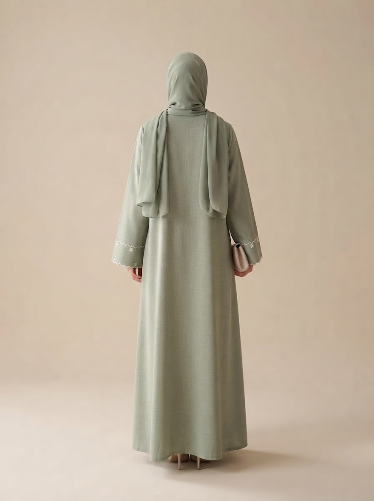 Embroidered Linen Front Open Abaya | With Hijab