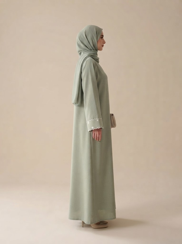 Embroidered Linen Front Open Abaya | With Hijab