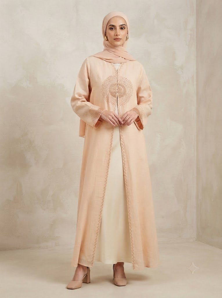 Peach Linen Front Open Abaya | With Hijab